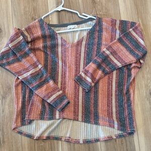 Striped V-Neck Long Sleeve Tee in Rust Multi